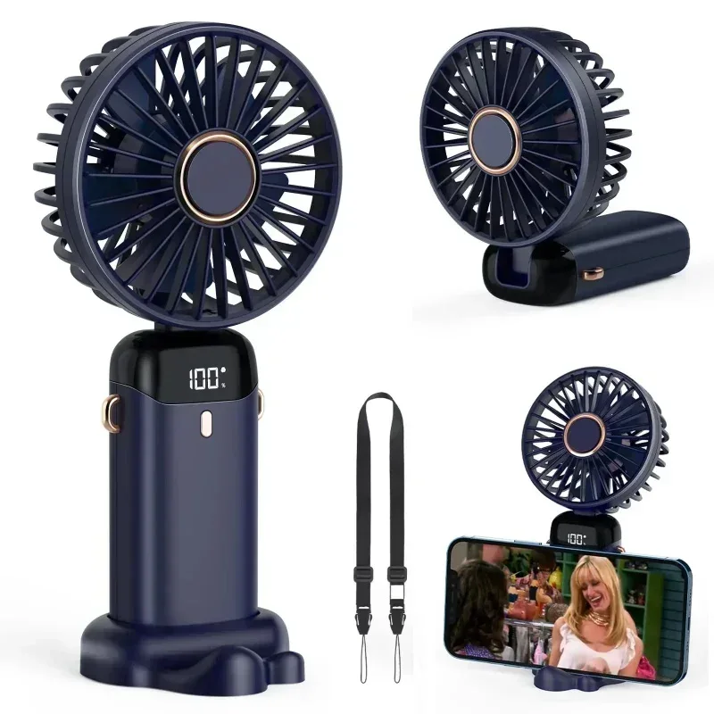 Portable Handheld Mini Fan 3000mAh Foldable Neck Hanging Fans 5 Speed Adjust USB Charge Fan with Phone Stand and Display Screen