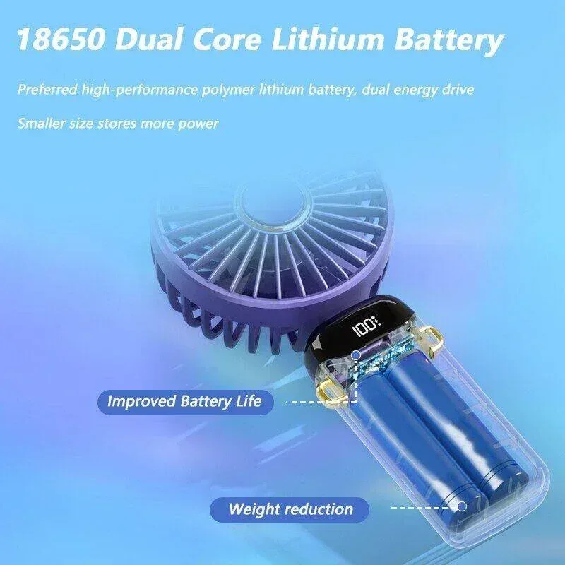 Portable Handheld Mini Fan 3000mAh Foldable Neck Hanging Fans 5 Speed Adjust USB Charge Fan with Phone Stand and Display Screen