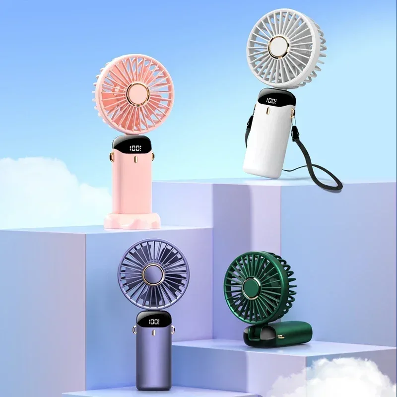 Portable Handheld Mini Fan 3000mAh Foldable Neck Hanging Fans 5 Speed Adjust USB Charge Fan with Phone Stand and Display Screen