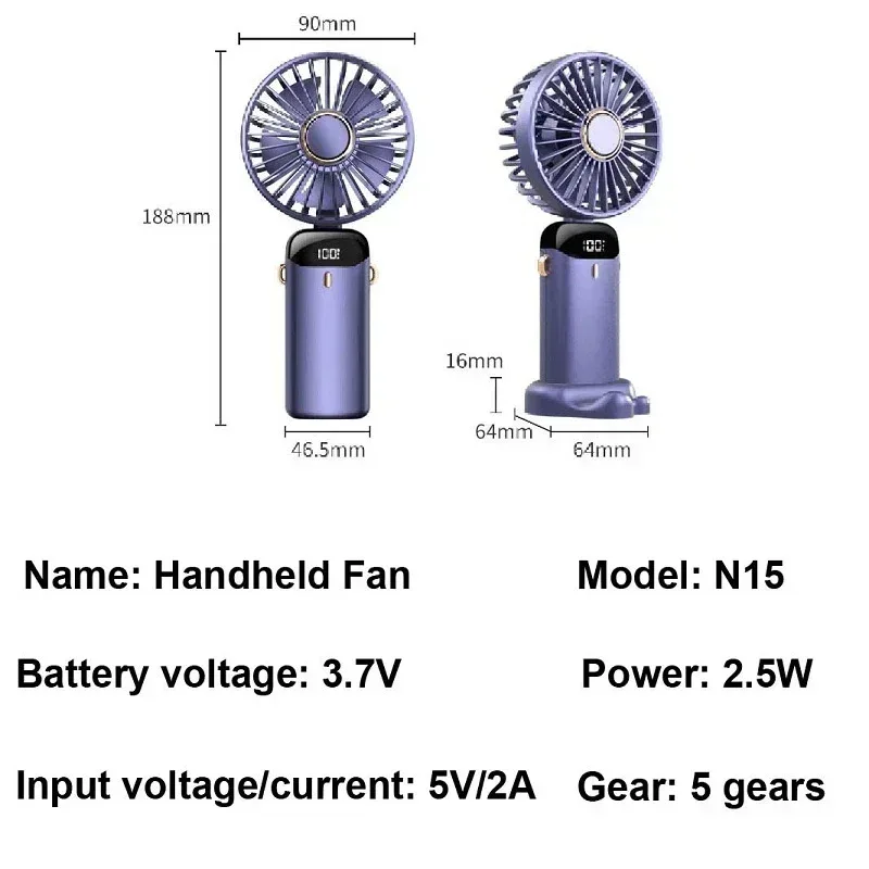 Portable Handheld Mini Fan 3000mAh Foldable Neck Hanging Fans 5 Speed Adjust USB Charge Fan with Phone Stand and Display Screen