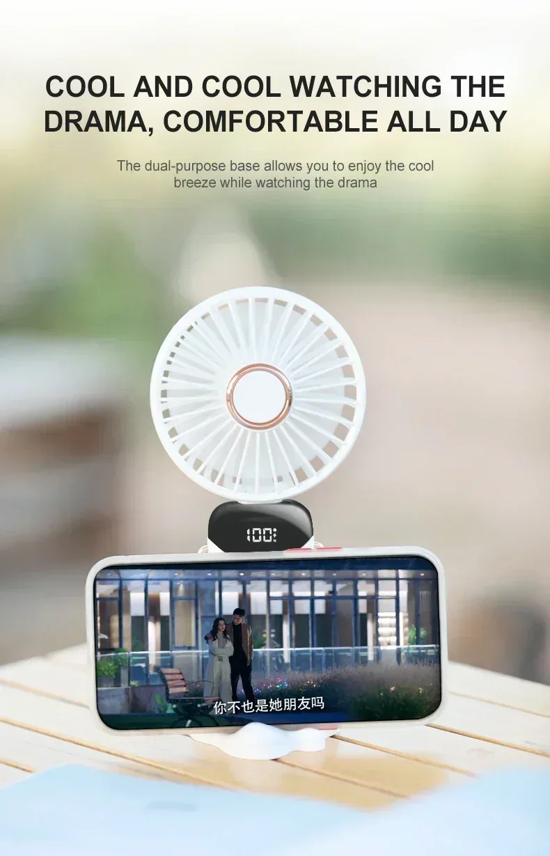 Portable Handheld Mini Fan 3000mAh Foldable Neck Hanging Fans 5 Speed Adjust USB Charge Fan with Phone Stand and Display Screen