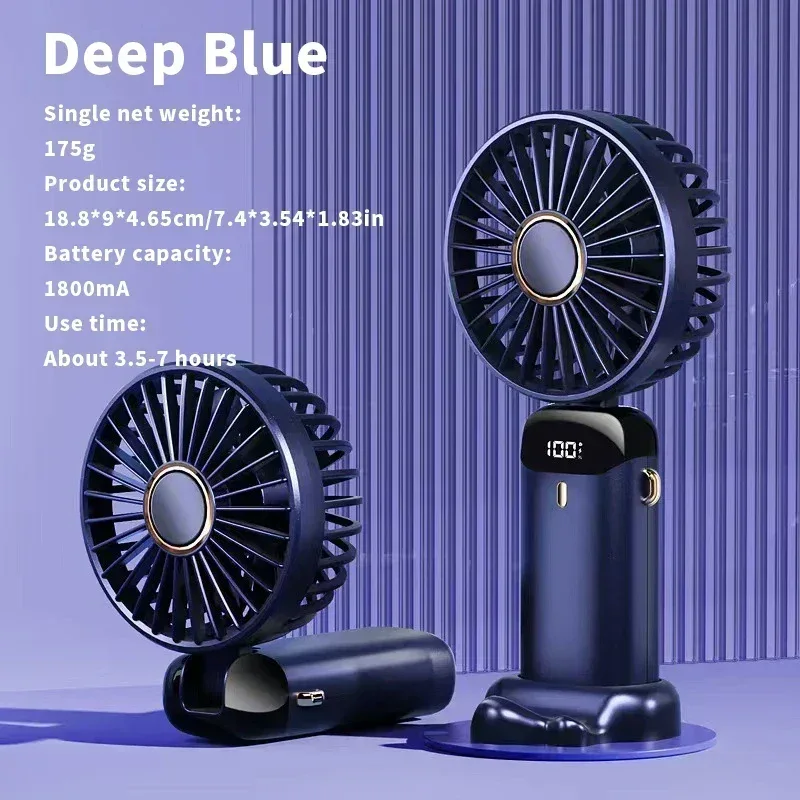 Portable Handheld Mini Fan 3000mAh Foldable Neck Hanging Fans 5 Speed Adjust USB Charge Fan with Phone Stand and Display Screen