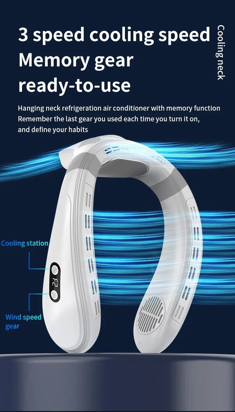 New Portable Neck Fan 5200mAh Neck Air Conditioner Rechargeable Semiconductor Cooling Fan Outdoor Personal Fan Wearable Cooler