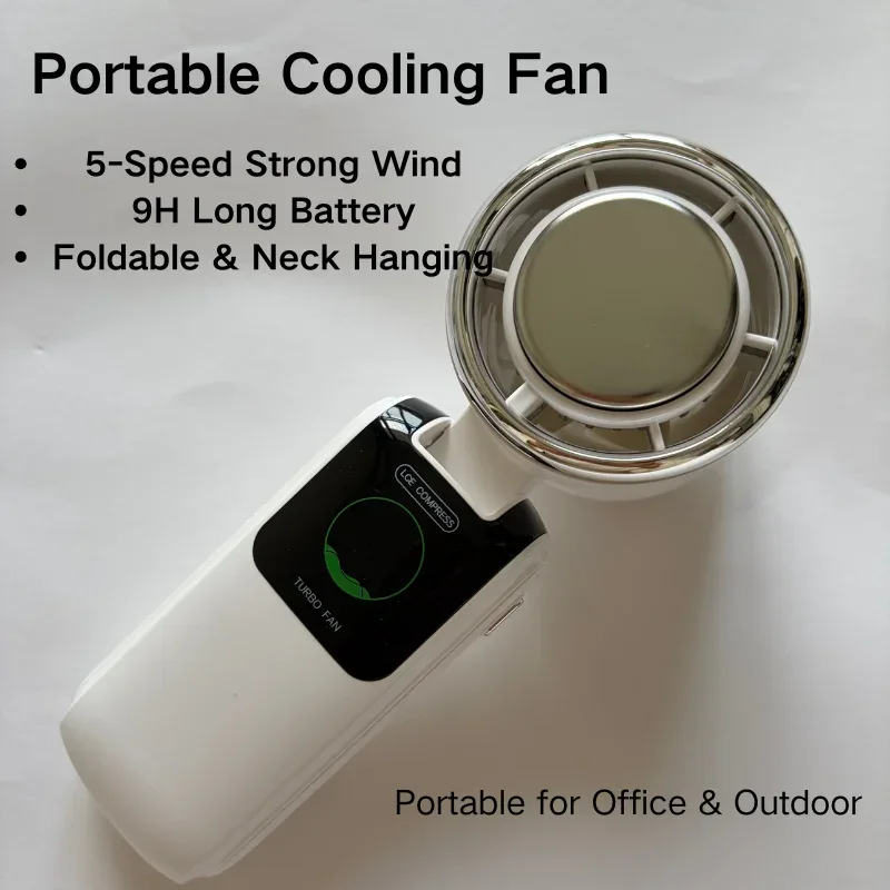 5-Speed Strong Cooling Mini Fan, Foldable & Neck Hanging - 9H Long Battery, Powerful Wind with LED for Office Outdoor Travel