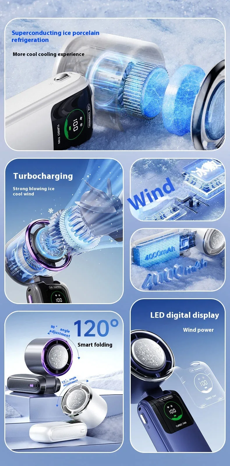 5-Speed Strong Cooling Mini Fan, Foldable & Neck Hanging - 9H Long Battery, Powerful Wind with LED for Office Outdoor Travel