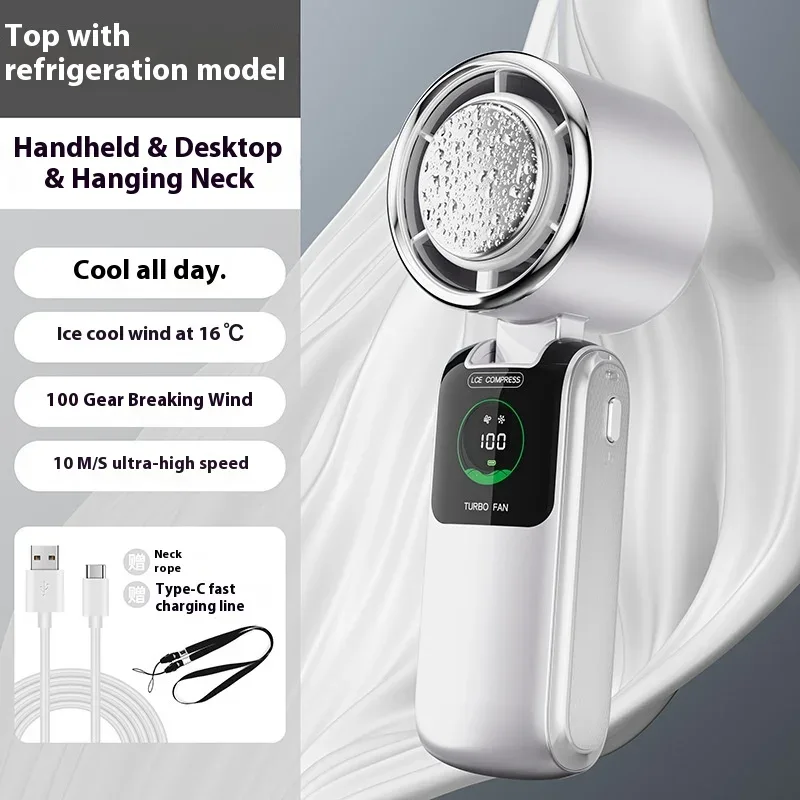 5-Speed Strong Cooling Mini Fan, Foldable & Neck Hanging - 9H Long Battery, Powerful Wind with LED for Office Outdoor Travel