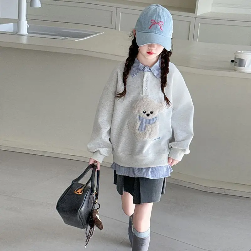 Sweatshirt Girls' 2025 New Faux Two-Piece Polo Hoodie Spring/Autumn Kids Medium-Large Loose Fit Cartoon Puppy Top
