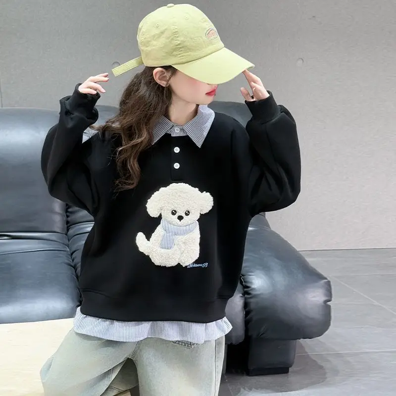 Sweatshirt Girls' 2025 New Faux Two-Piece Polo Hoodie Spring/Autumn Kids Medium-Large Loose Fit Cartoon Puppy Top