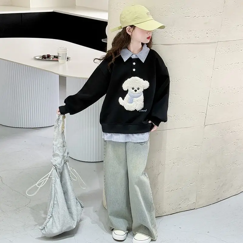 Sweatshirt Girls' 2025 New Faux Two-Piece Polo Hoodie Spring/Autumn Kids Medium-Large Loose Fit Cartoon Puppy Top