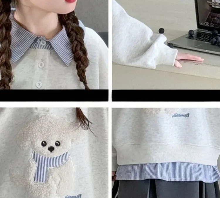 Sweatshirt Girls' 2025 New Faux Two-Piece Polo Hoodie Spring/Autumn Kids Medium-Large Loose Fit Cartoon Puppy Top