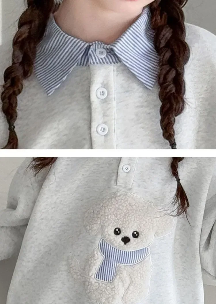 Sweatshirt Girls' 2025 New Faux Two-Piece Polo Hoodie Spring/Autumn Kids Medium-Large Loose Fit Cartoon Puppy Top
