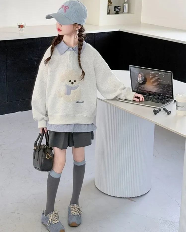 Sweatshirt Girls' 2025 New Faux Two-Piece Polo Hoodie Spring/Autumn Kids Medium-Large Loose Fit Cartoon Puppy Top