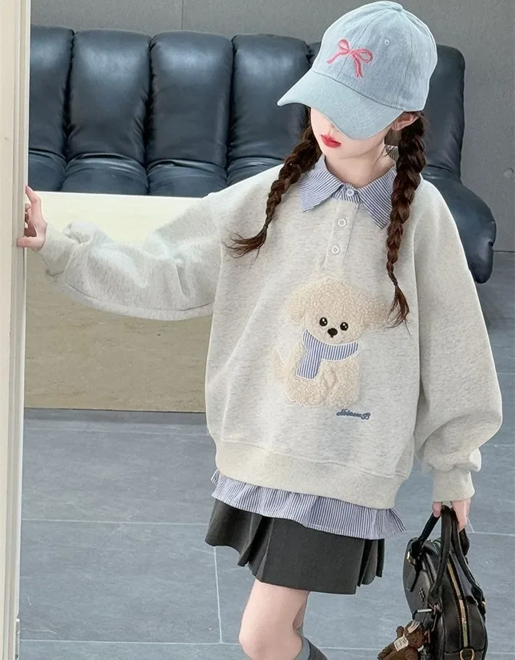 Sweatshirt Girls' 2025 New Faux Two-Piece Polo Hoodie Spring/Autumn Kids Medium-Large Loose Fit Cartoon Puppy Top