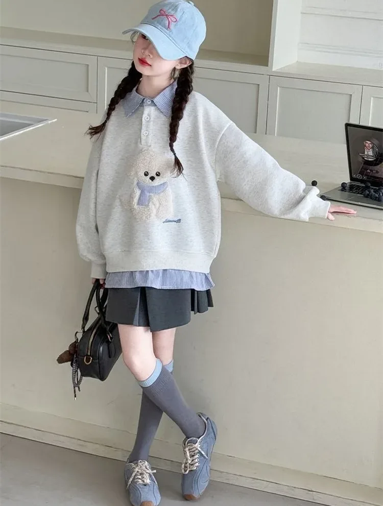 Sweatshirt Girls' 2025 New Faux Two-Piece Polo Hoodie Spring/Autumn Kids Medium-Large Loose Fit Cartoon Puppy Top