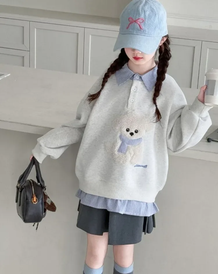 Sweatshirt Girls' 2025 New Faux Two-Piece Polo Hoodie Spring/Autumn Kids Medium-Large Loose Fit Cartoon Puppy Top