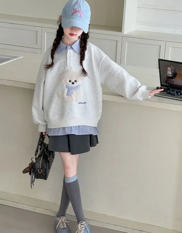 Sweatshirt Girls' 2025 New Faux Two-Piece Polo Hoodie Spring/Autumn Kids Medium-Large Loose Fit Cartoon Puppy Top