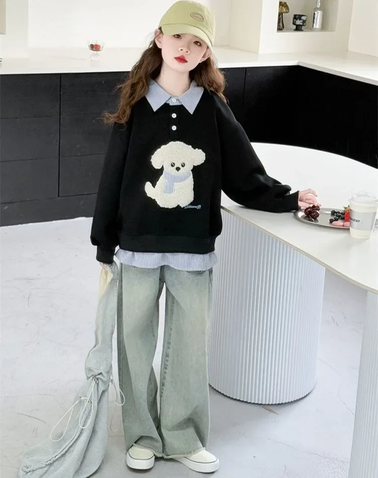 Sweatshirt Girls' 2025 New Faux Two-Piece Polo Hoodie Spring/Autumn Kids Medium-Large Loose Fit Cartoon Puppy Top