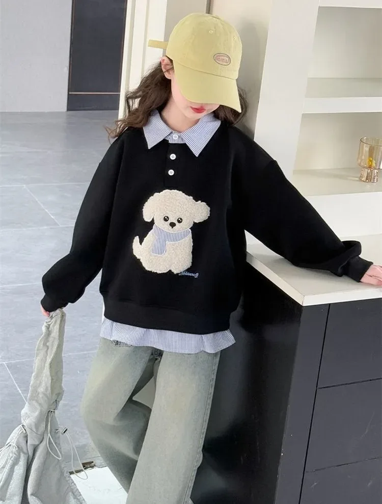 Sweatshirt Girls' 2025 New Faux Two-Piece Polo Hoodie Spring/Autumn Kids Medium-Large Loose Fit Cartoon Puppy Top