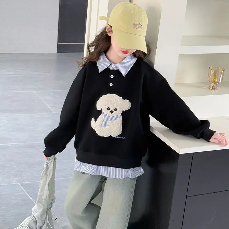 Sweatshirt Girls' 2025 New Faux Two-Piece Polo Hoodie Spring/Autumn Kids Medium-Large Loose Fit Cartoon Puppy Top