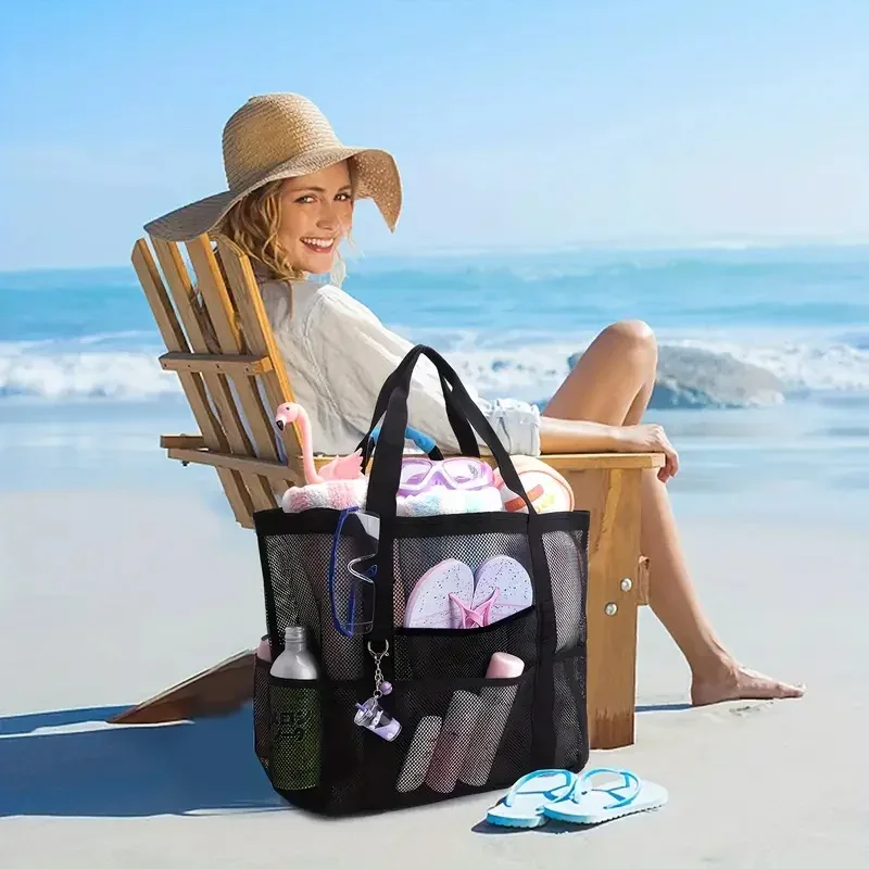 Mesh beach bag, one shoulder mesh shower, fitness, swimming bag, large capacity handheld travel cosmetics storage bag