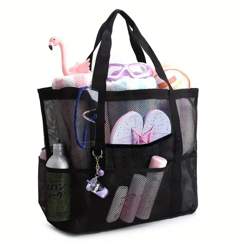 Mesh beach bag, one shoulder mesh shower, fitness, swimming bag, large capacity handheld travel cosmetics storage bag
