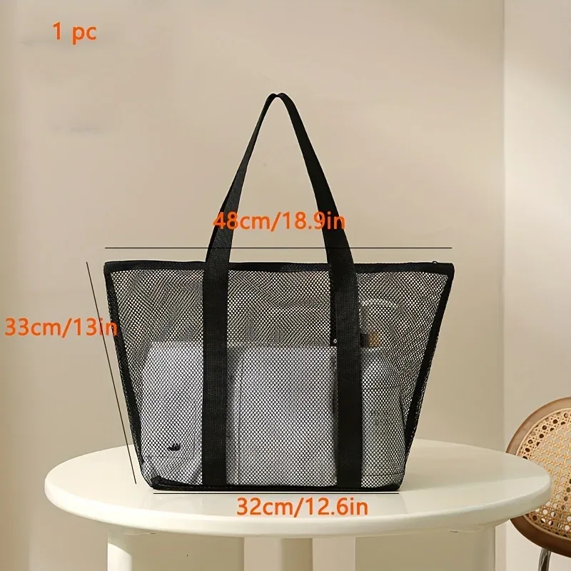 Mesh beach bag, one shoulder mesh shower, fitness, swimming bag, large capacity handheld travel cosmetics storage bag