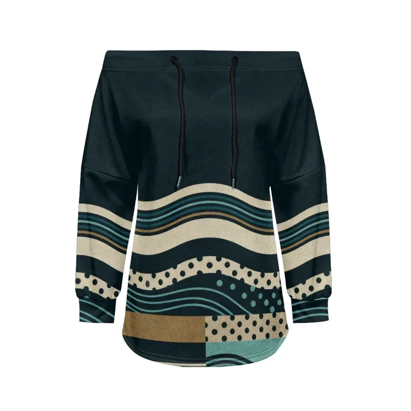 Trendy Off-Shoulder Sweatshirts with Striped & Polka Dot Patterns Drawstring Casual Loose-Fit Top for Women Casual Streetwear