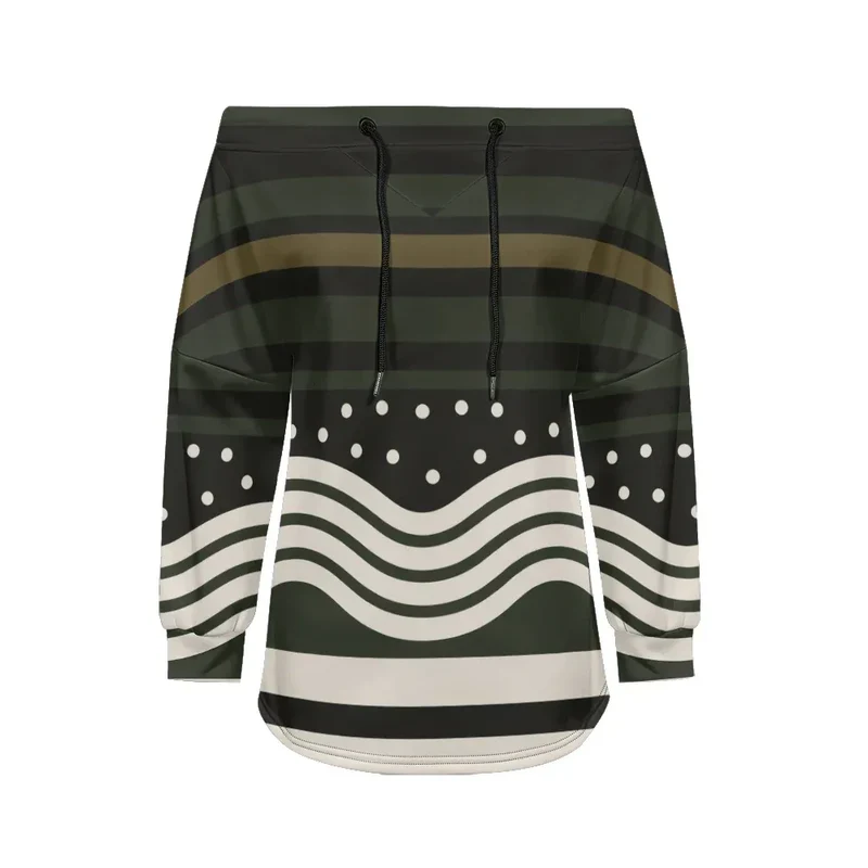 Trendy Off-Shoulder Sweatshirts with Striped & Polka Dot Patterns Drawstring Casual Loose-Fit Top for Women Casual Streetwear