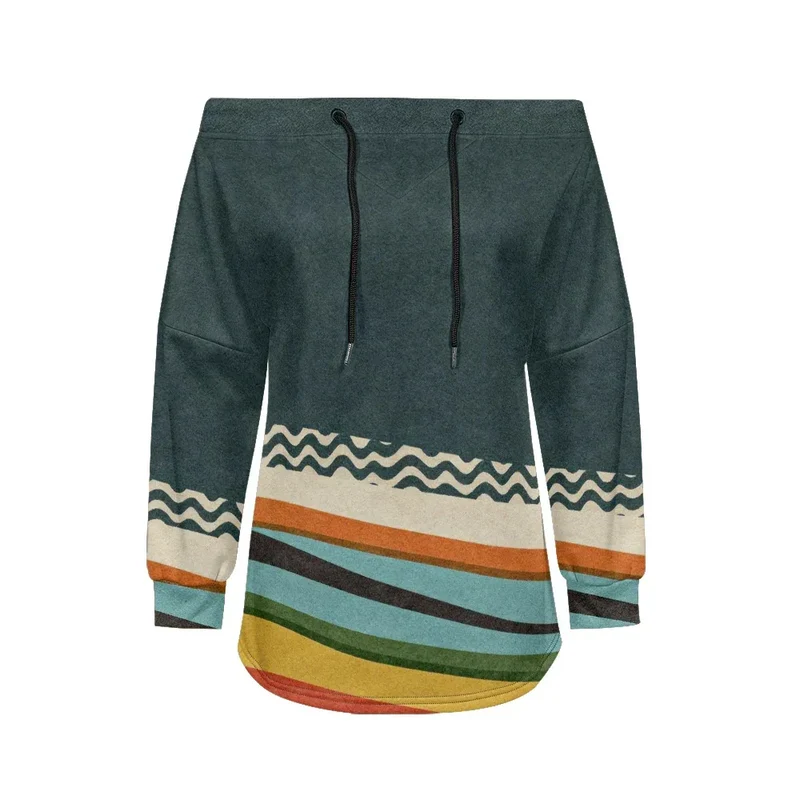 Trendy Off-Shoulder Sweatshirts with Striped & Polka Dot Patterns Drawstring Casual Loose-Fit Top for Women Casual Streetwear