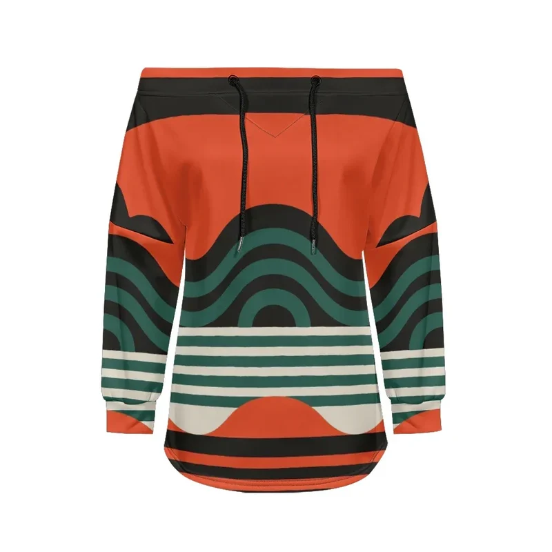 Trendy Off-Shoulder Sweatshirts with Striped & Polka Dot Patterns Drawstring Casual Loose-Fit Top for Women Casual Streetwear