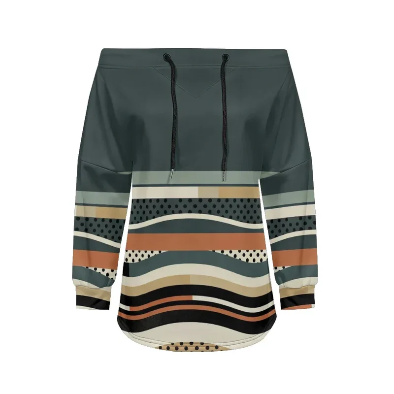 Trendy Off-Shoulder Sweatshirts with Striped & Polka Dot Patterns Drawstring Casual Loose-Fit Top for Women Casual Streetwear