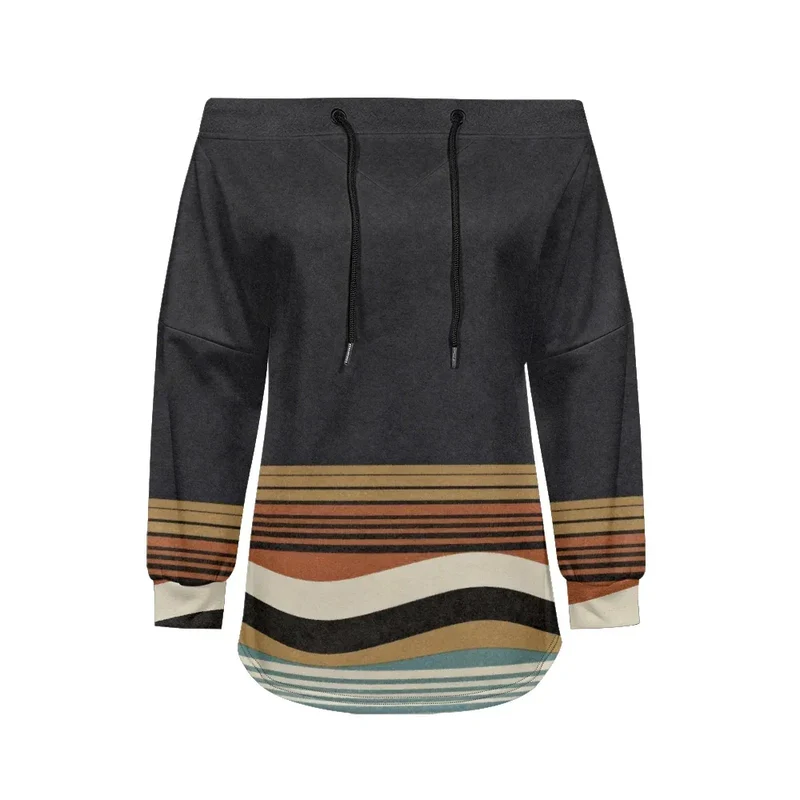 Trendy Off-Shoulder Sweatshirts with Striped & Polka Dot Patterns Drawstring Casual Loose-Fit Top for Women Casual Streetwear