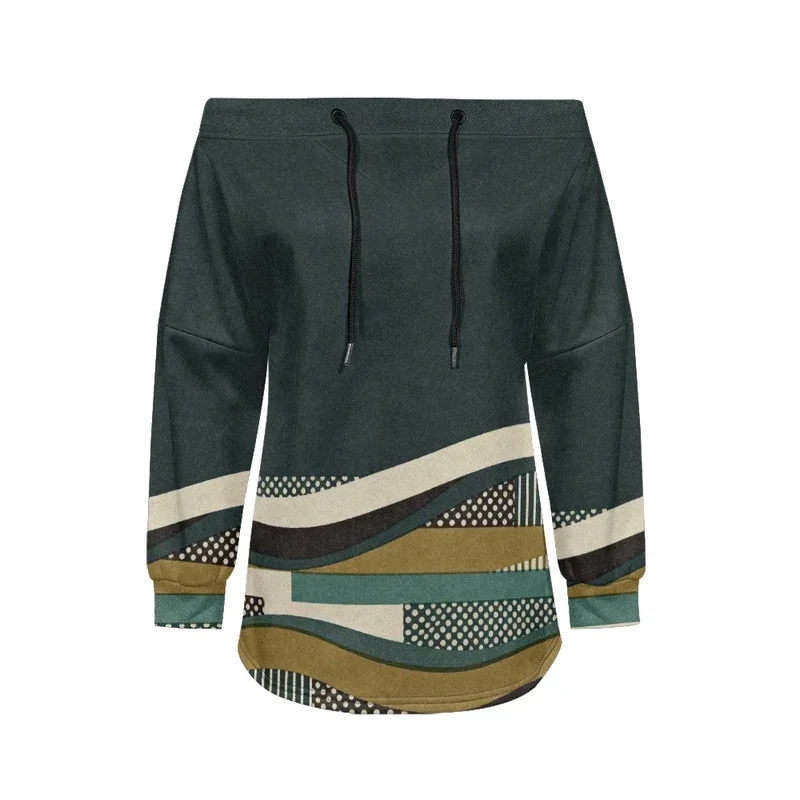 Trendy Off-Shoulder Sweatshirts with Striped & Polka Dot Patterns Drawstring Casual Loose-Fit Top for Women Casual Streetwear