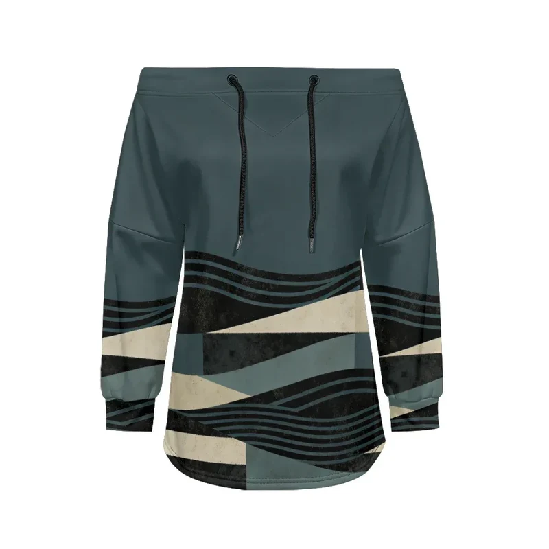 Trendy Off-Shoulder Sweatshirts with Striped & Polka Dot Patterns Drawstring Casual Loose-Fit Top for Women Casual Streetwear
