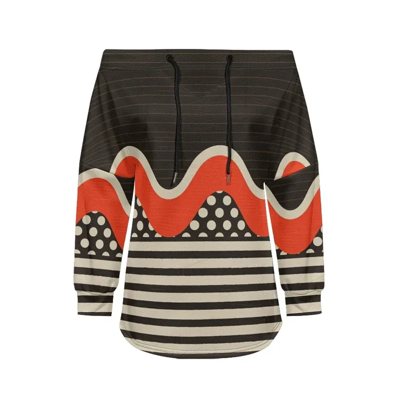 Trendy Off-Shoulder Sweatshirts with Striped & Polka Dot Patterns Drawstring Casual Loose-Fit Top for Women Casual Streetwear