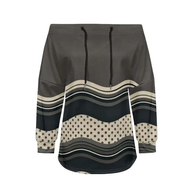 Trendy Off-Shoulder Sweatshirts with Striped & Polka Dot Patterns Drawstring Casual Loose-Fit Top for Women Casual Streetwear