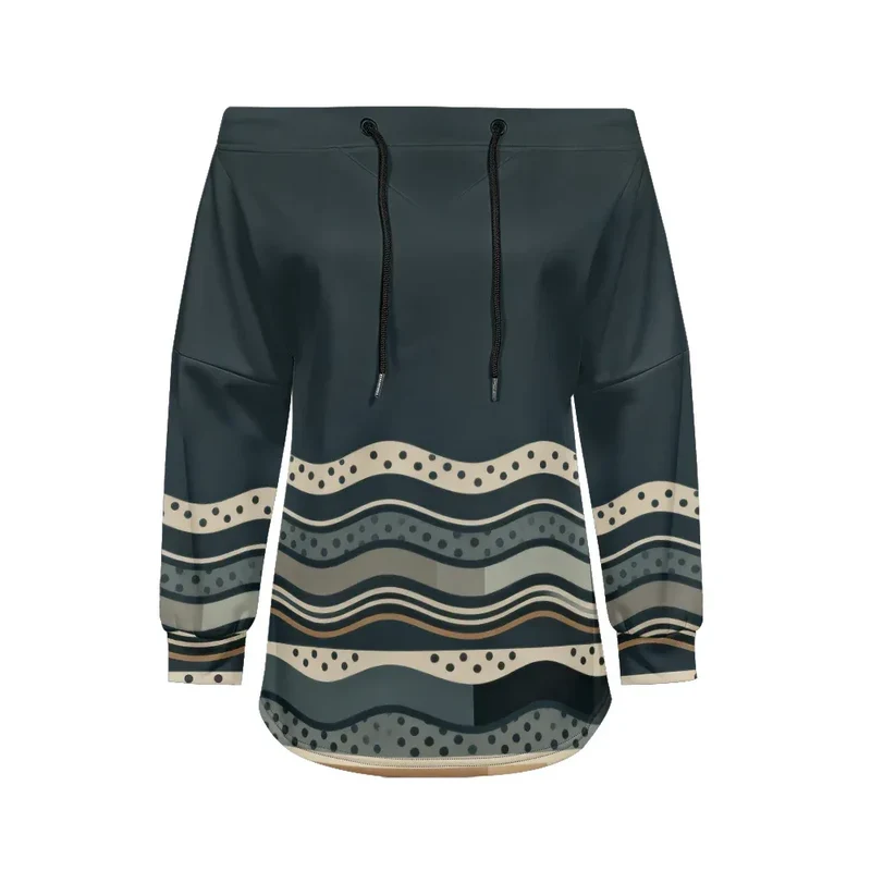 Trendy Off-Shoulder Sweatshirts with Striped & Polka Dot Patterns Drawstring Casual Loose-Fit Top for Women Casual Streetwear