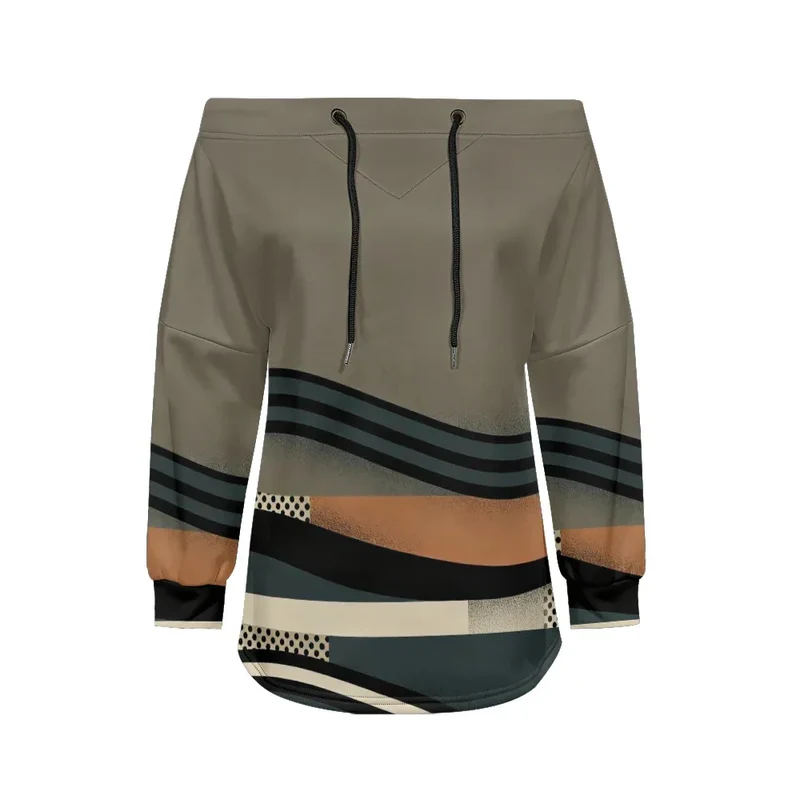 Trendy Off-Shoulder Sweatshirts with Striped & Polka Dot Patterns Drawstring Casual Loose-Fit Top for Women Casual Streetwear