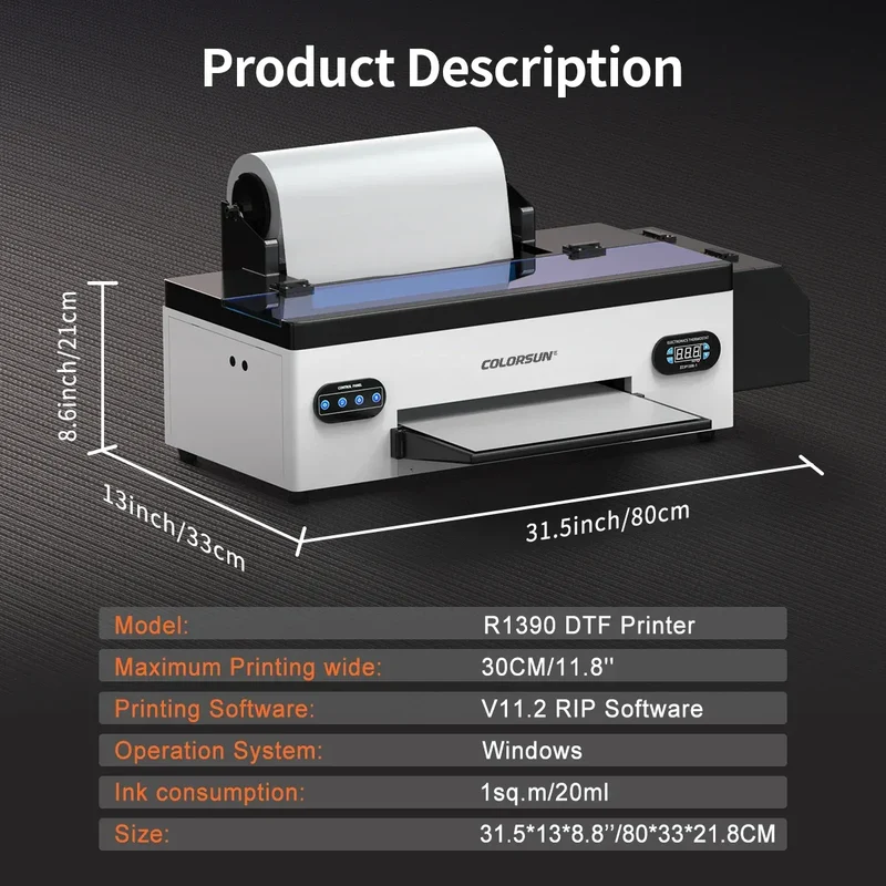 Colorsun A3+R1390 DTF Printer T-shirt Transfer Printing Machine Impresora a3 dtf Printers For T-Shirt Hoodies Bags Sweatshirt