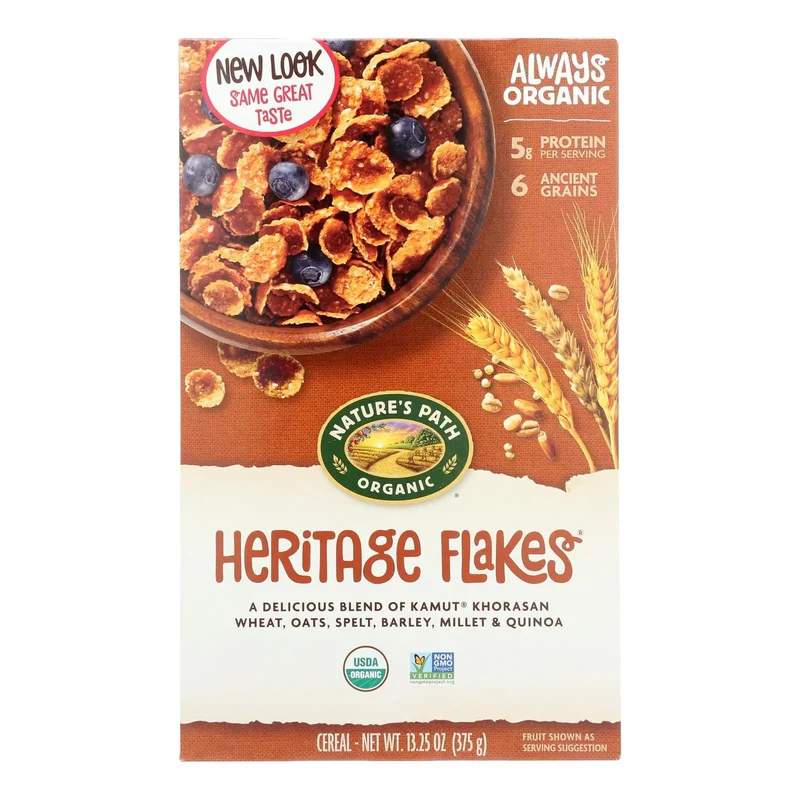 Nature's Path Organic Heritage Flakes Cereal UD2 Instant Breakfast Cereal in 13.25 oz Boxes for Children in Bottle Bag Packaging