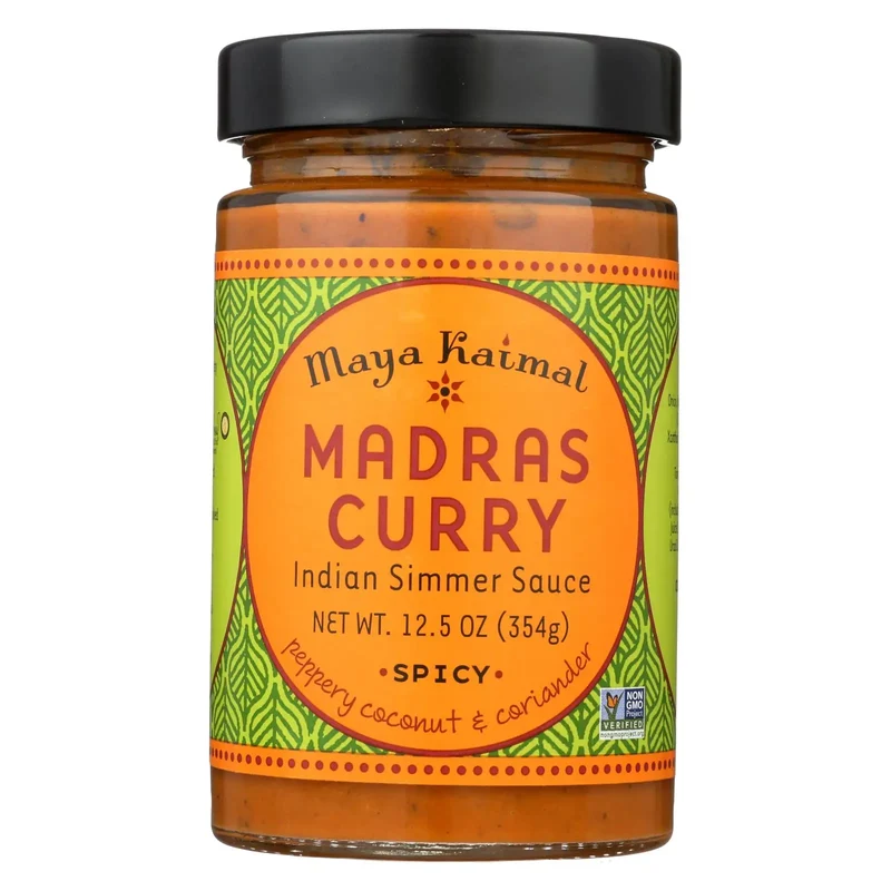 UD2 Maya Kaimal Madras Curry Simmer Sauce Case 6-12.5 oz Soybean Coconut Chili Oyster Sauce Ingredients Packaged Bag Sachet Box