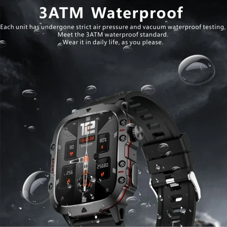 Outdoor Smart Watch for Men 1.96'' Rugged Smartwatch for IPhone and Android IP68 Waterproof Fitness Tracker Watch