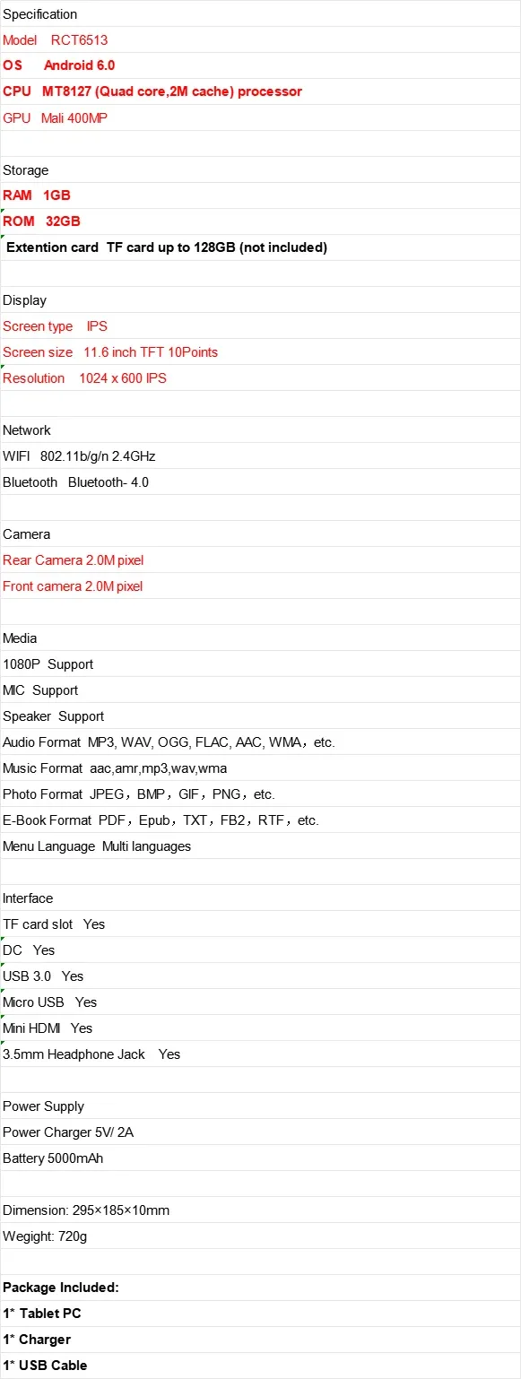 RCT 11.6" Android 6.0 Tablet TFT 10Points MT8127 Quad Core 1GB RAM 32GB ROM WIFI Bluetooth- 4.0 Mini HDMI