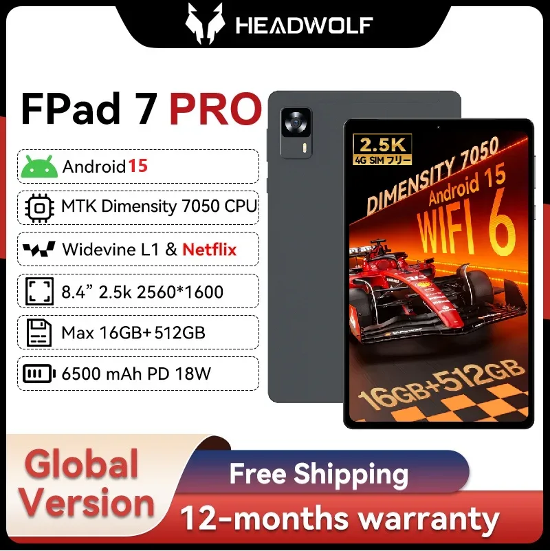 Headwolf FPad7 PRO Android 15 Tablet 8 inch 2.5K HD Max 16GB+512GB, 6500mAh PD18W, 8MP+16MP Camera, SIM 4G LTE WiFi 6