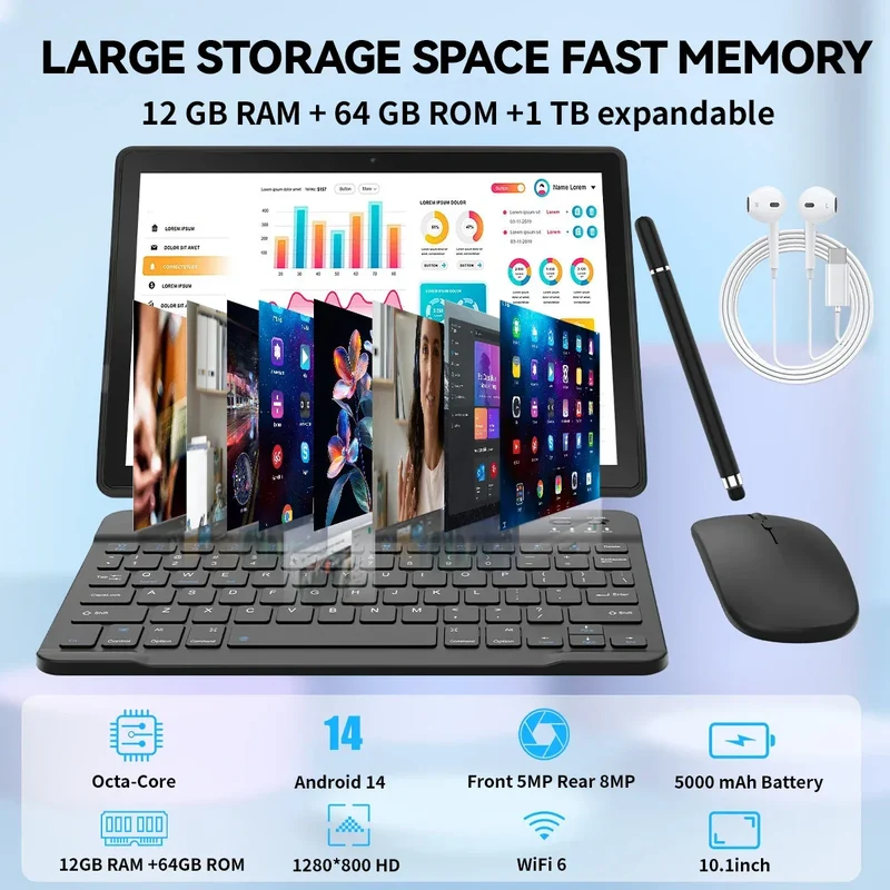 10.1 Inch Android 14 Tablet 12GB RAM 64GB ROM Face Unlock IPS HD Screen with Protective Case Stylus Keyboard Mouse Headphones