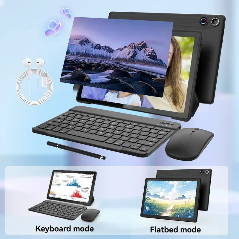 10.1 Inch Android 14 Tablet 12GB RAM 64GB ROM Face Unlock IPS HD Screen with Protective Case Stylus Keyboard Mouse Headphones