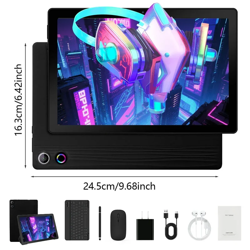 10.1 Inch Android 14 Tablet 12GB RAM 64GB ROM Face Unlock IPS HD Screen with Protective Case Stylus Keyboard Mouse Headphones