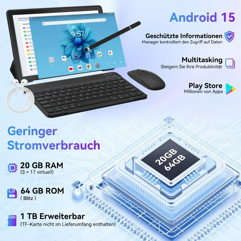 URAO Android 15 Tablet 10.1 Inch 20GB RAM 64GB ROM 5-core Dual Camera Tablets PC Set Keyboard/Case/Mouse/Stylus/Headphone