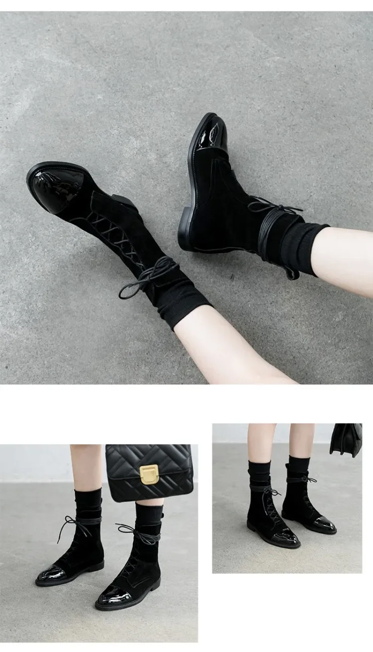 Boots Women's 2023 New Autumn Shoes Single Boots British Style Mid Barrel Slim Boots Children's Black Motorcycle Boots