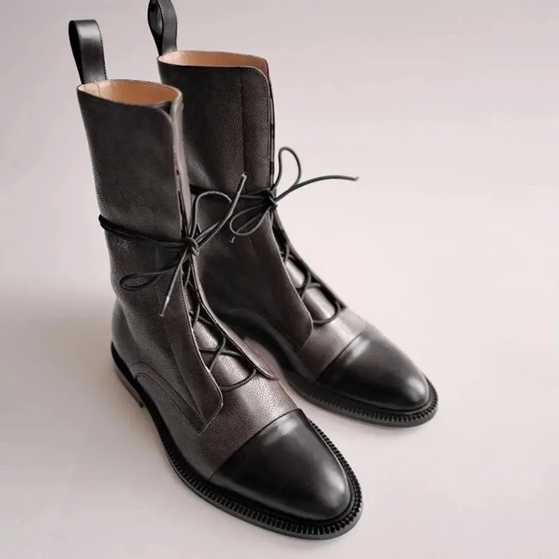 Boots Women's 2023 New Autumn Shoes Single Boots British Style Mid Barrel Slim Boots Children's Black Motorcycle Boots